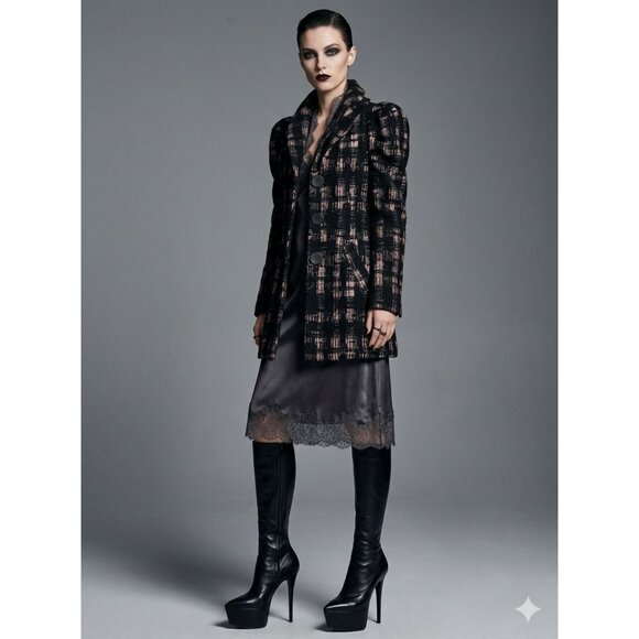 Samuel Dong Black & Mauve Plaid Coat S With Puff Sleeves  Button Front - Picture 2 of 11